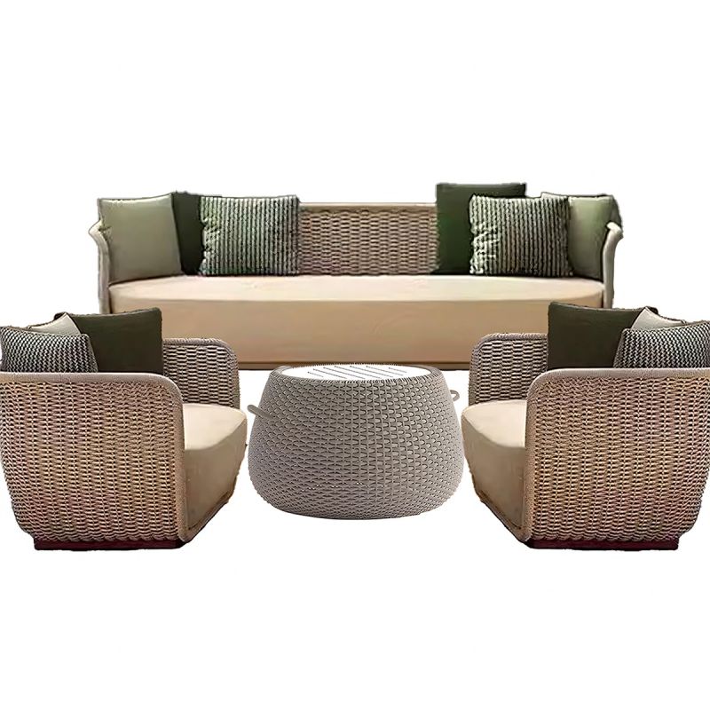 Set mobilier terasa gradina, 2 fotolii, canapea 3 locuri, masuta cafea, aluminiu, impletitura funie, perne verzi masliniu, NIKO