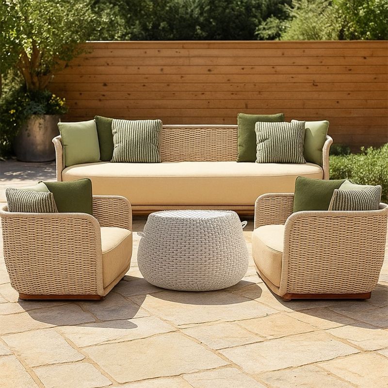 Set mobilier terasa gradina, 2 fotolii, canapea 3 locuri, masuta cafea, aluminiu, impletitura funie, perne verzi masliniu, NIKO