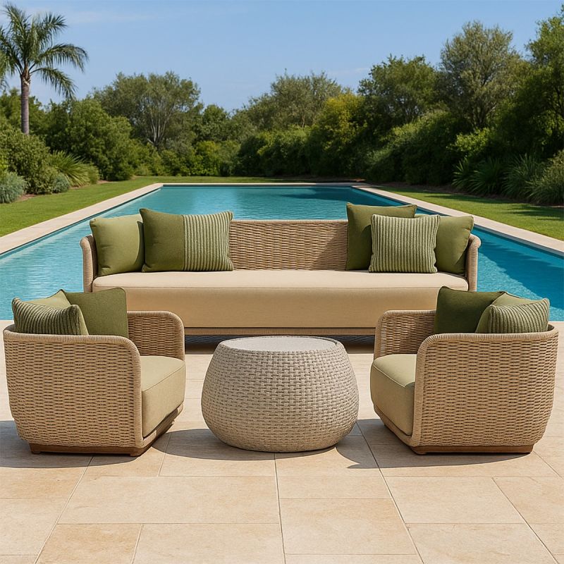 Set mobilier terasa gradina, 2 fotolii, canapea 3 locuri, masuta cafea, aluminiu, impletitura funie, perne verzi masliniu, NIKO