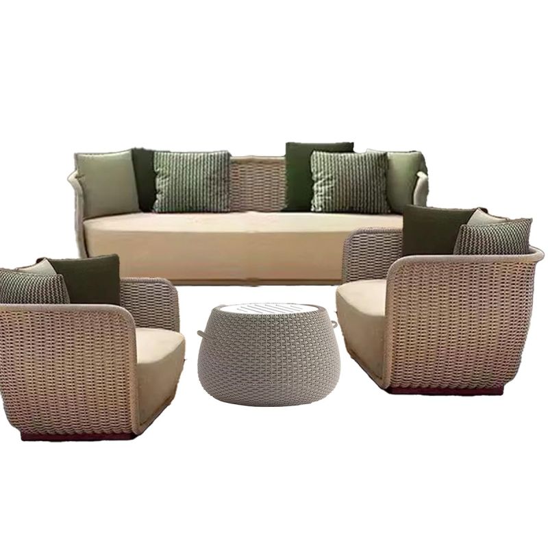 Set mobilier terasa gradina, 2 fotolii, canapea 3 locuri, masuta cafea, aluminiu, impletitura funie, perne verzi masliniu, NIKO