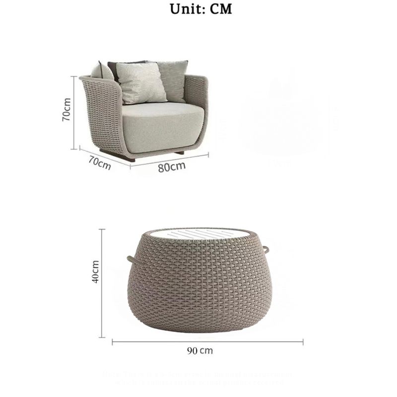 Set mobilier terasa gradina, 2 fotolii, canapea 3 locuri, masuta cafea, aluminiu, impletitura funie, perne verzi masliniu, NIKO