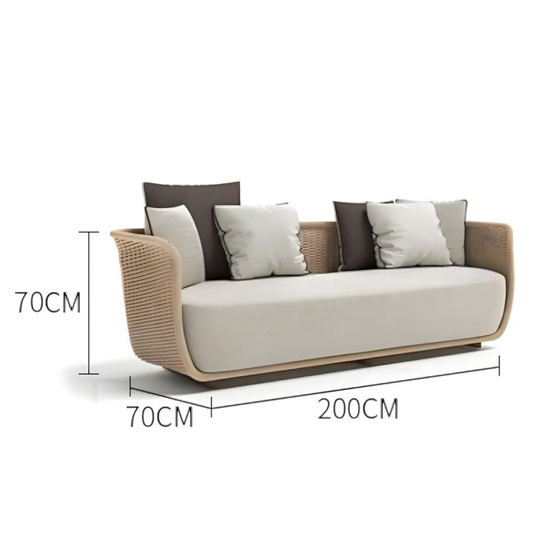 Set mobilier terasa gradina, 2 fotolii, canapea 3 locuri, masuta cafea, aluminiu, impletitura funie, perne verzi masliniu, NIKO