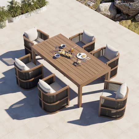 Set mobilier, terasa sau gradina, masa 150 cm + 6 scaune, lemn de Tec, impletitura tip funie, perne incluse, Gardenia