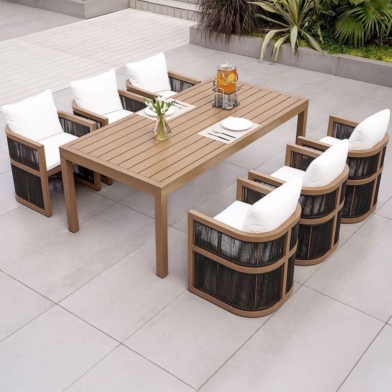 Set mobilier, terasa sau gradina, masa 150 cm + 6 scaune, lemn de Tec, impletitura tip funie, perne incluse, Gardenia