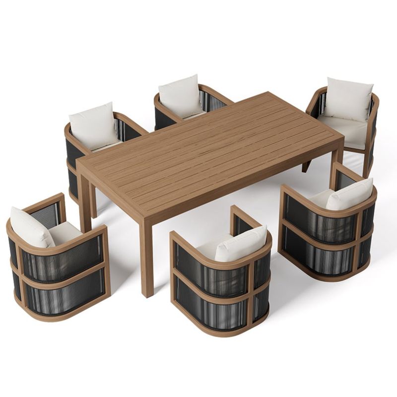 Set mobilier, terasa sau gradina, masa 150 cm + 6 scaune, lemn de Tec, impletitura tip funie, perne incluse, Gardenia