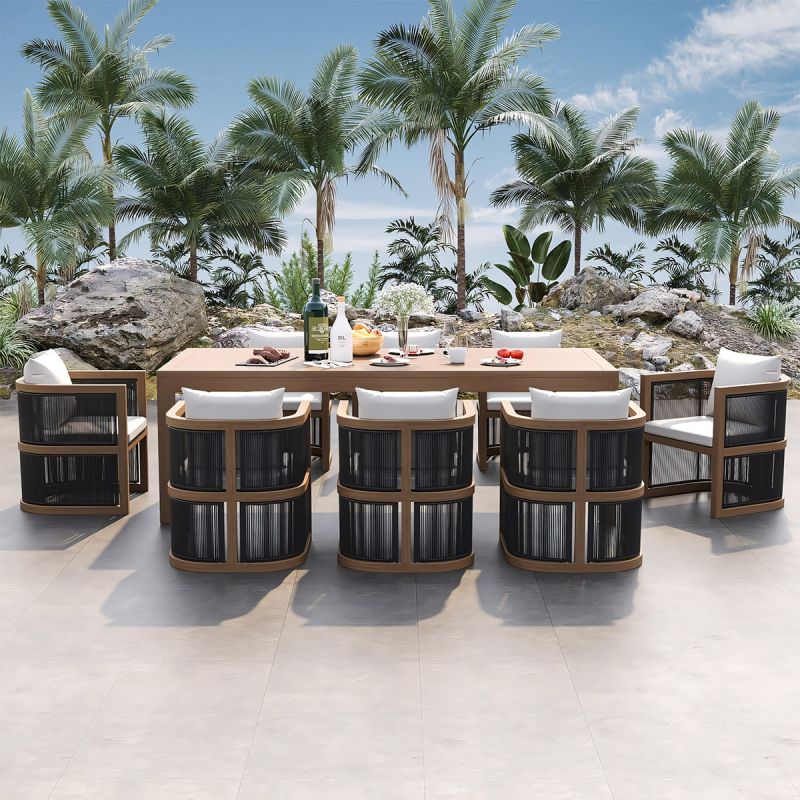 Set mobilier, terasa sau gradina, masa 150 cm + 6 scaune, lemn de Tec, impletitura tip funie, perne incluse, Gardenia