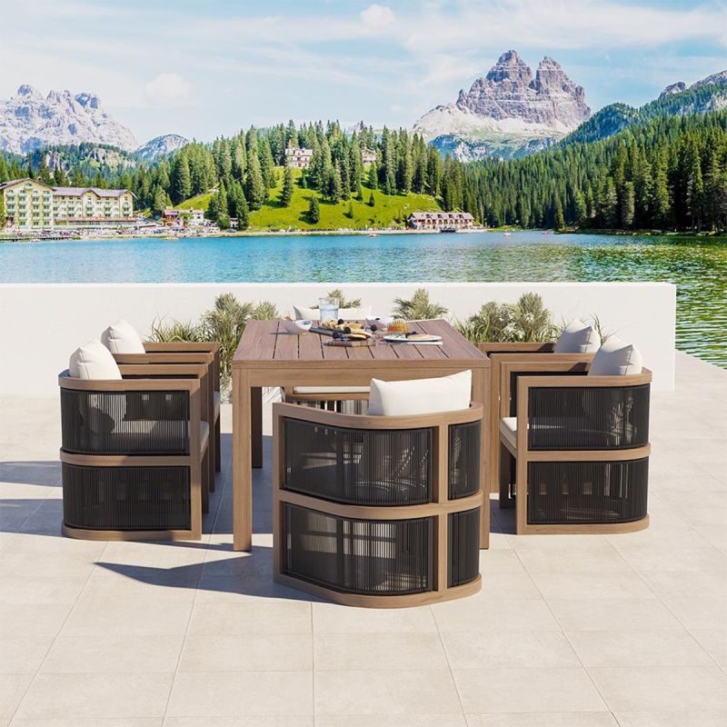 Set mobilier, terasa sau gradina, masa 150 cm + 6 scaune, lemn de Tec, impletitura tip funie, perne incluse, Gardenia