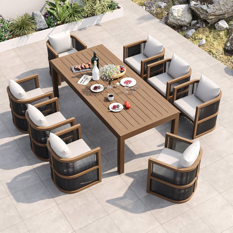 Set mobilier, terasa sau gradina, masa 150 cm + 6 scaune, lemn de Tec, impletitura tip funie, perne incluse, Gardenia