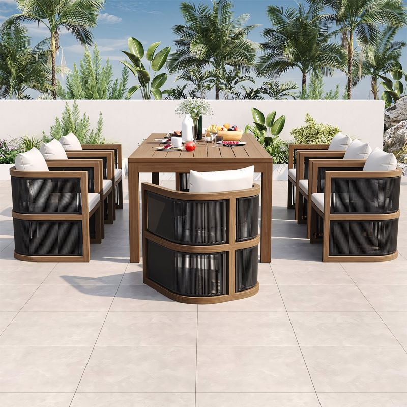 Set mobilier, terasa sau gradina, masa 150 cm + 6 scaune, lemn de Tec, impletitura tip funie, perne incluse, Gardenia