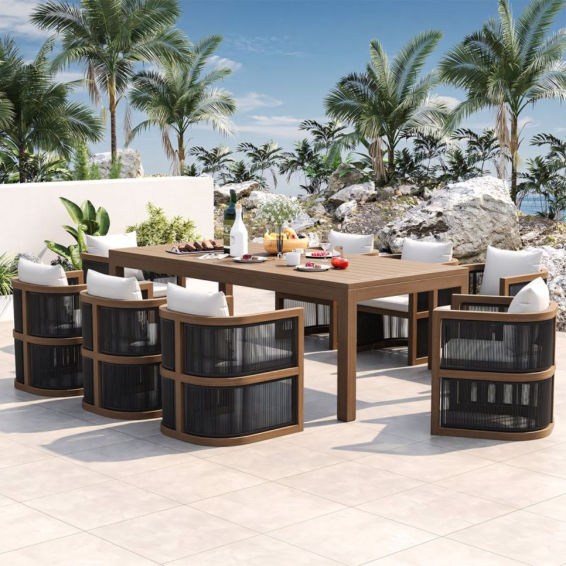 Set mobilier, terasa sau gradina, masa 150 cm + 6 scaune, lemn de Tec, impletitura tip funie, perne incluse, Gardenia