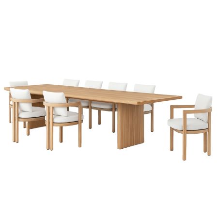 Set mobilier, terasa sau gradina, masa mare si 8 scaune, lemn de Tec integral, perne incluse, Primavera
