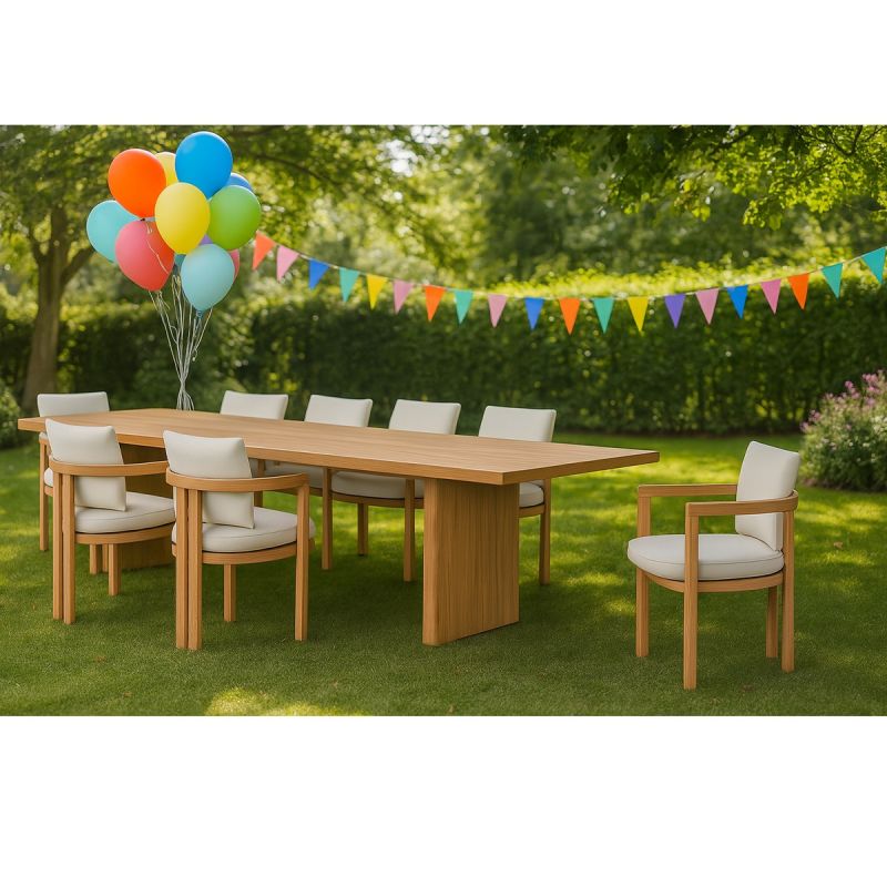 Set mobilier, terasa sau gradina, masa mare si 8 scaune, lemn de Tec integral, perne incluse, Primavera