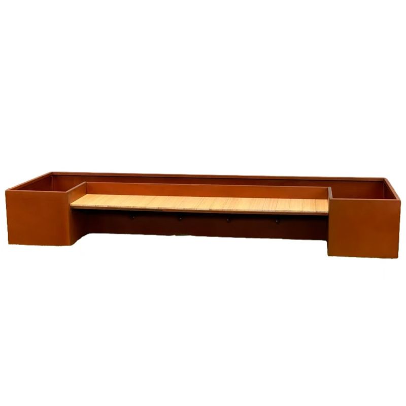 Jardiniera, cu banca integrata din lemn, otel corten de 2 mm, dimensiuni: 300x95x44 cm, FloraStep