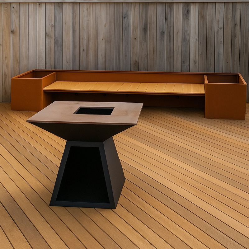 Jardiniera, cu banca integrata din lemn, otel corten de 2 mm, dimensiuni: 300x95x44 cm, FloraStep