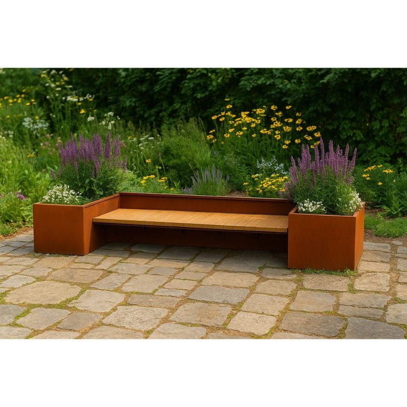 Jardiniera, cu banca integrata din lemn, otel corten de 2 mm, dimensiuni: 300x95x44 cm, FloraStep