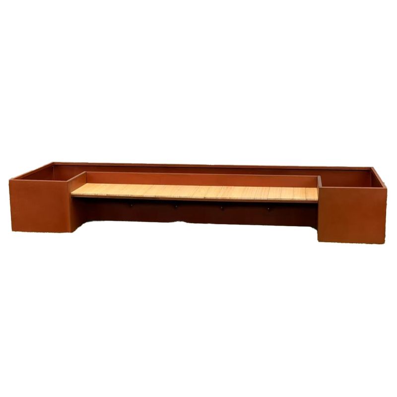 Jardiniera, cu banca integrata din lemn, otel corten de 2 mm, dimensiuni: 300x95x44 cm, FloraStep