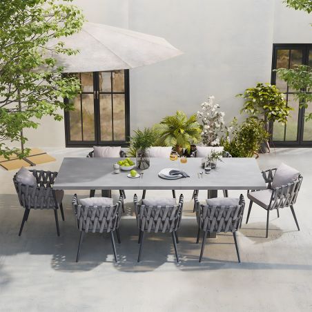 Set mobilier terasa sau gradina, 8 scaune, masa extensibila, aluminiu si impletitura tip funie, Riga