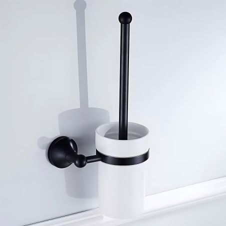 Perie toaleta cu suport inclus, montaj pe perete, Negru Lucios, Alama, Ceramica, Velvet