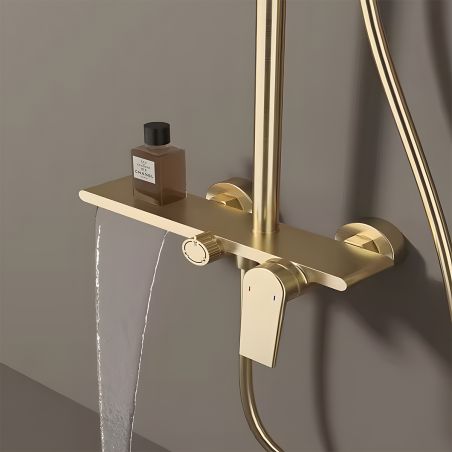 Sistem de dus, pipa de cada tip cascada, 3 functii, suport obiecte, montaj pe perete, Auriu Mat, Divina