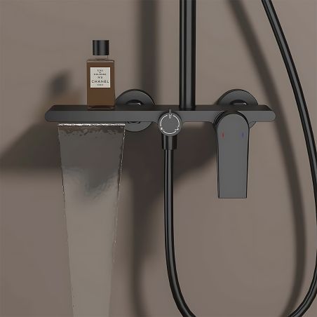 Sistem de dus, pipa de cada tip cascada, 3 functii, suport obiecte, montaj pe perete, Negru Mat, Divina
