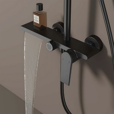 Sistem de dus, pipa de cada tip cascada, 3 functii, suport obiecte, montaj pe perete, Negru Mat, Divina