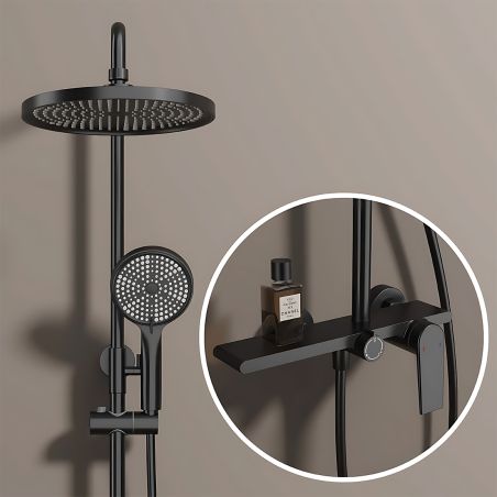 Sistem de dus, pipa de cada tip cascada, 3 functii, suport obiecte, montaj pe perete, Negru Mat, Divina