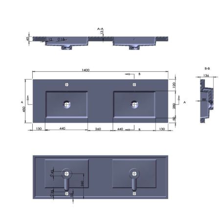 Lavoar dublu Paola, compozit mineral, montaj semi-incastrat, cu 2 gauri de baterie, 140x45 cm