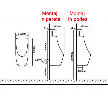 Urinal cu senzor integrat, scurgere in perete sau in podea, 35x38x75 cm, Negru Lucios, Lavino