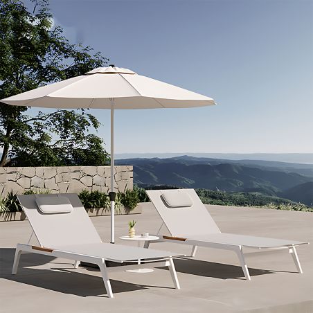 Sezlong de plaja, terasa, gradina, aluminiu, tec, inaltime reglabila, 2 roti integrate, 203x70x35, tesatura Texlin Alb, Horizon