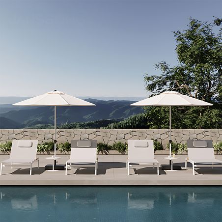 Sezlong de plaja, terasa, gradina, aluminiu, tec, inaltime reglabila, 2 roti integrate, 203x70x35, tesatura Texlin Alb, Horizon