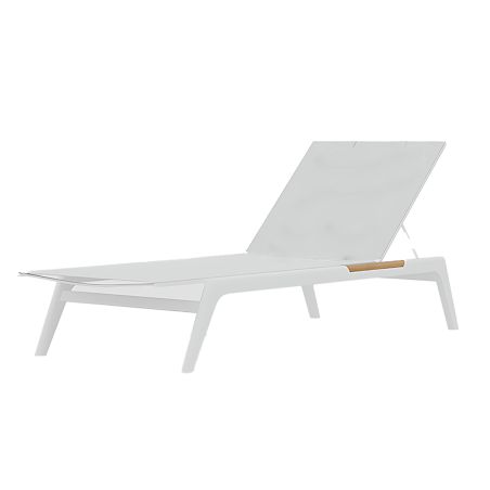 Sezlong de plaja, terasa, gradina, aluminiu, tec, inaltime reglabila, 2 roti integrate, 203x70x35, tesatura Texlin Alb, Horizon
