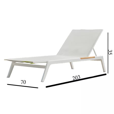 Sezlong de plaja, terasa, gradina, aluminiu, tec, inaltime reglabila, 2 roti integrate, 203x70x35, tesatura Texlin Alb, Horizon