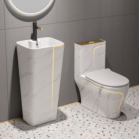 Vas WC Lazio Marble Rimless, 71x38 cm, Rezervor Inclus, Alb, montaj podea, capac cu soft-close inclus, Royalty Line by Ego