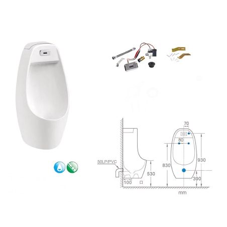 Urinal cu senzor integrat, scurgere in perete sau in podea, 34x29x68 cm, Alb Lucios,Lucente