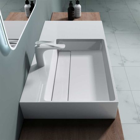 Lavoar EGO 12 L, Alb, 90x48 cm, compozit marmura, montaj pe blat sau suspendat, scurgere mascata, gaura baterie pe stanga