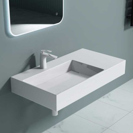 Lavoar EGO 12 L, Alb, 90x48 cm, compozit marmura, montaj pe blat sau suspendat, scurgere mascata, gaura baterie pe stanga
