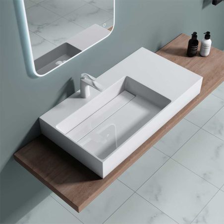 Lavoar EGO 12 L, Alb, 90x48 cm, compozit marmura, montaj pe blat sau suspendat, scurgere mascata, gaura baterie pe stanga