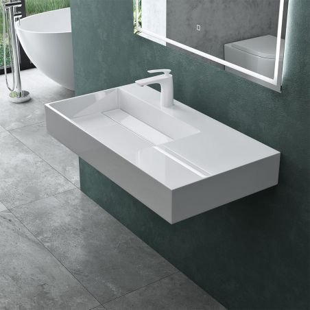Lavoar EGO 12 L, Alb, 90x48 cm, compozit marmura, montaj pe blat sau suspendat, scurgere mascata, gaura baterie pe stanga