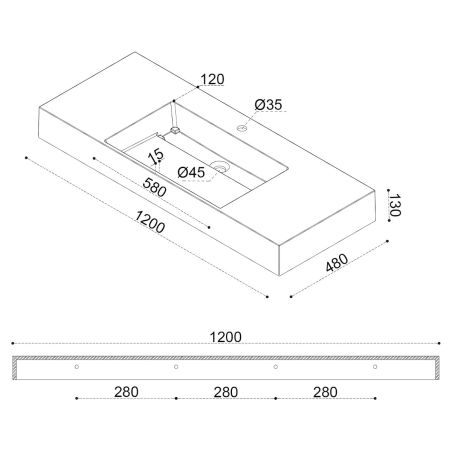 Lavoar EGO 12 , Alb, 120x48 cm, compozit marmura, montaj pe blat sau suspendat, scurgere mascata