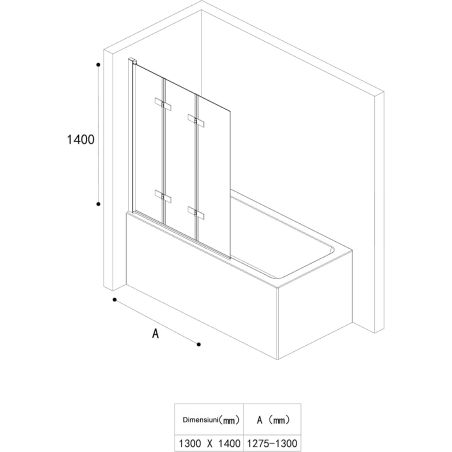Paravan pliabil 116,130x140 cm, sticla 6 mm, pivotant 180°, montaj pe stanga, tratament Nano Easy Clean