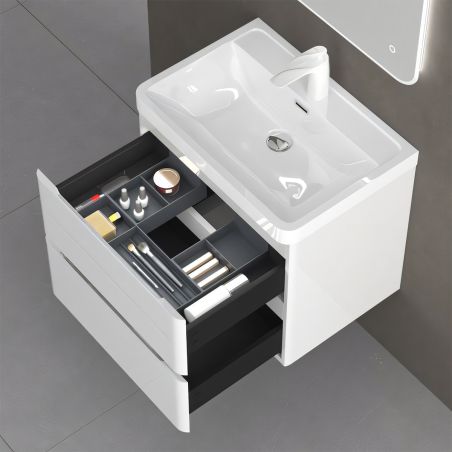 Mobilier baie din Mdf cu lavoar din compozit, separatoare sertare, inchidere Soft-Close, 60x42x55 cm, Alb Lucios, Verona