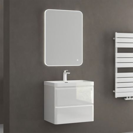 Mobilier baie din Mdf cu lavoar din compozit, separatoare sertare, inchidere Soft-Close, 60x42x55 cm, Alb Lucios, Verona