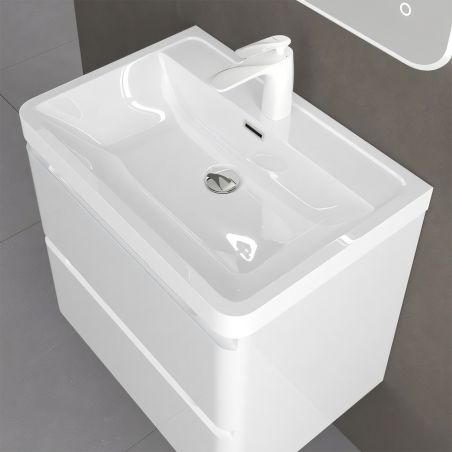 Mobilier baie din Mdf cu lavoar din compozit, separatoare sertare, inchidere Soft-Close, 60x42x55 cm, Alb Lucios, Verona