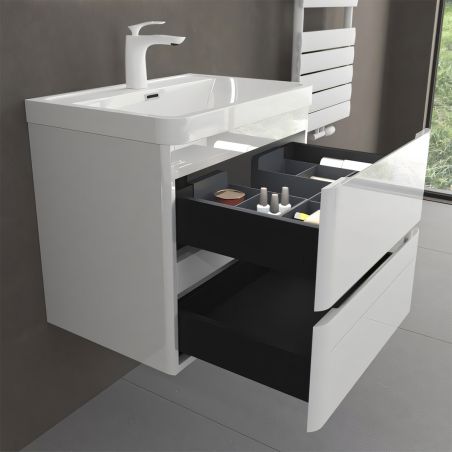 Mobilier baie din Mdf cu lavoar din compozit, separatoare sertare, inchidere Soft-Close, 60x42x55 cm, Alb Lucios, Verona