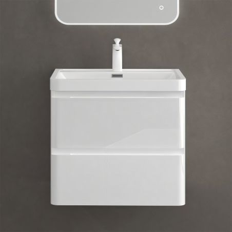 Mobilier baie din Mdf cu lavoar din compozit, separatoare sertare, inchidere Soft-Close, 60x42x55 cm, Alb Lucios, Verona