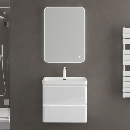 Mobilier baie din Mdf cu lavoar din compozit, separatoare sertare, inchidere Soft-Close, 60x42x55 cm, Alb Lucios, Verona