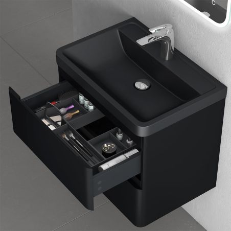 Mobilier baie din Mdf cu lavoar din compozit, separatoare sertare, inchidere Soft-Close, 60x42x55 cm, Negru Mat, Verona
