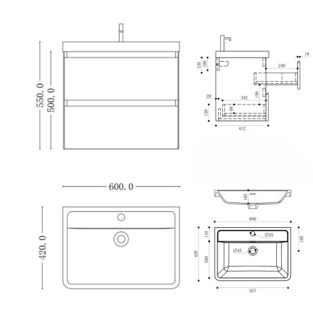 Mobilier baie din Mdf cu lavoar din compozit, separatoare sertare, inchidere Soft-Close, 60x42x55 cm, Negru Mat, Verona