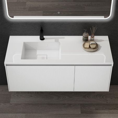 Mobilier baie din Mdf cu lavoar din compozit, separatoare sertare, inchidere Soft-Close, 120x46x49 cm, Alb Mat, Evo