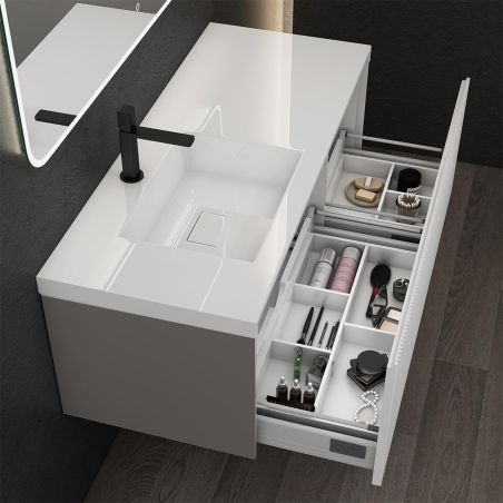 Mobilier baie din Mdf cu lavoar din compozit, separatoare sertare, inchidere Soft-Close, 120x46x49 cm, Alb Mat, Evo